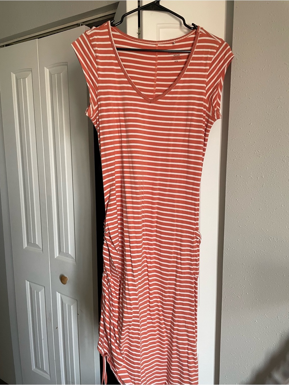 Toad&Co Striped V-Neck Midi Dress in Coral and White